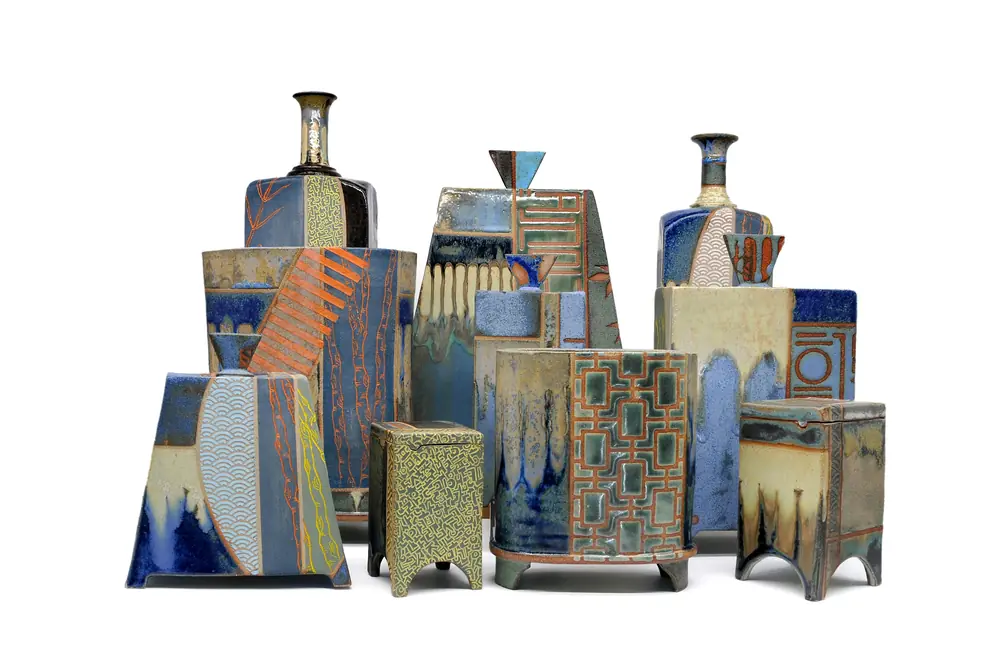 A group of slab-built ceramic boxes