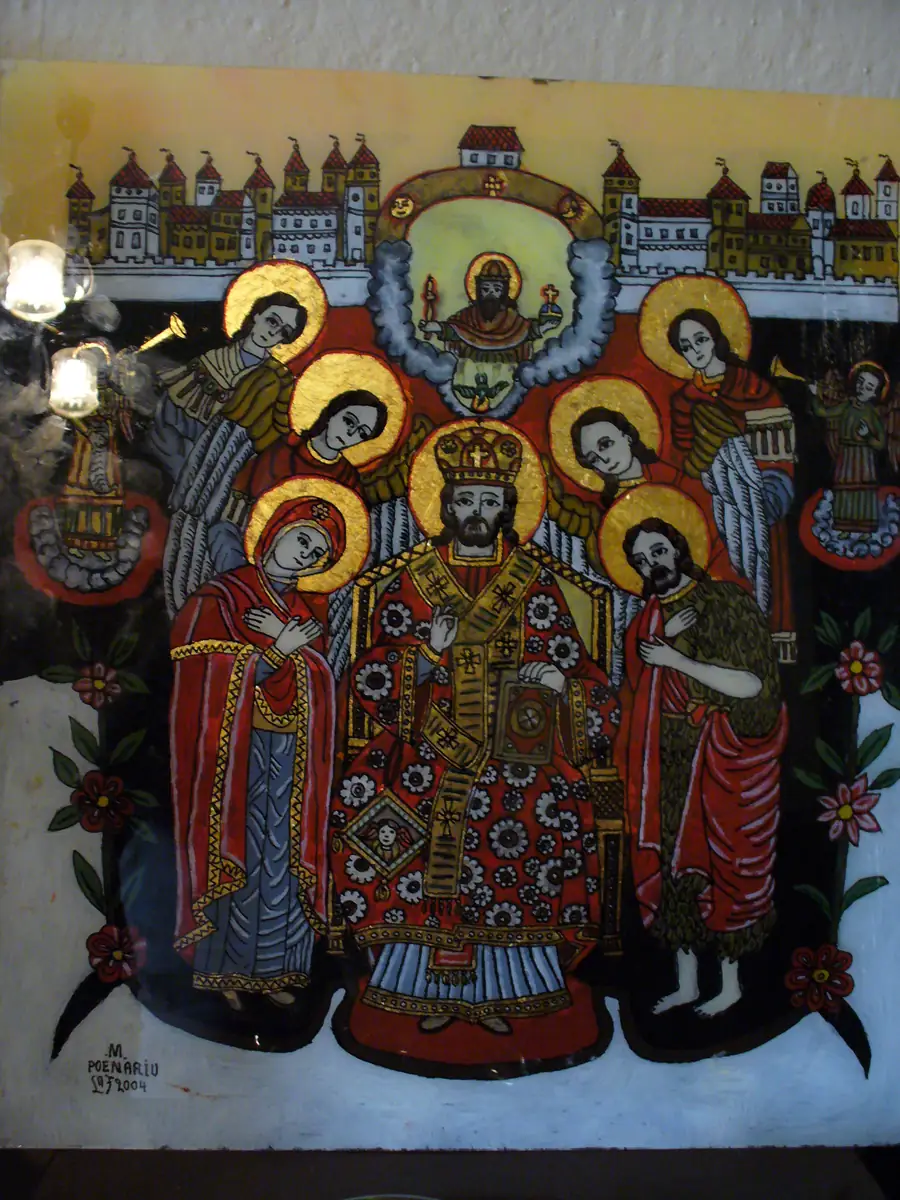 Deisis on glass by Maria Poenariu with God the Father above
