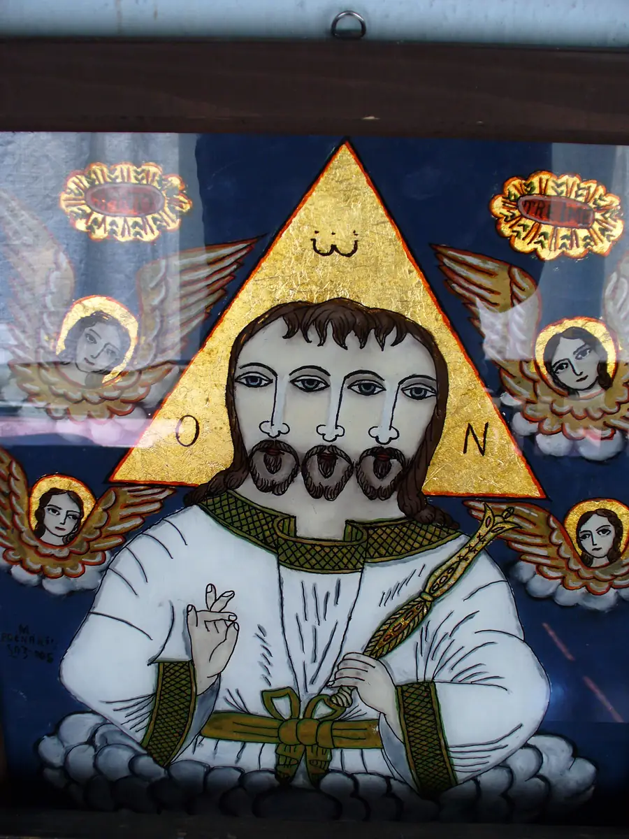 Three-faced Holy Trinity on glass, signed M. Poenariu, Laz