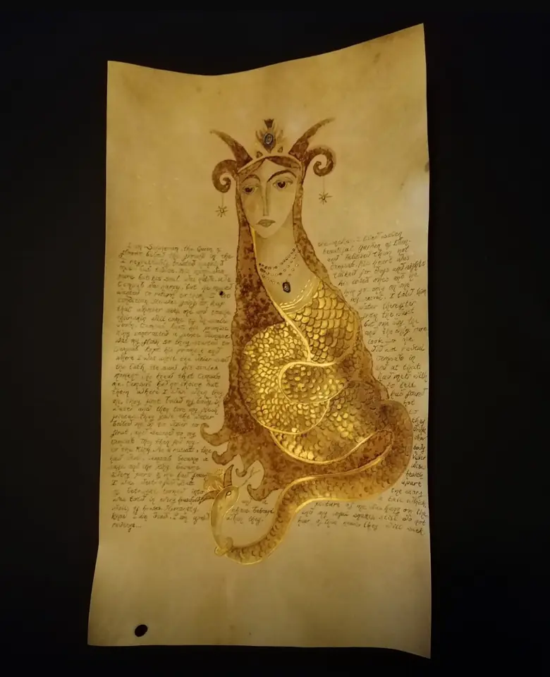 A finished parchment with a drawing on it